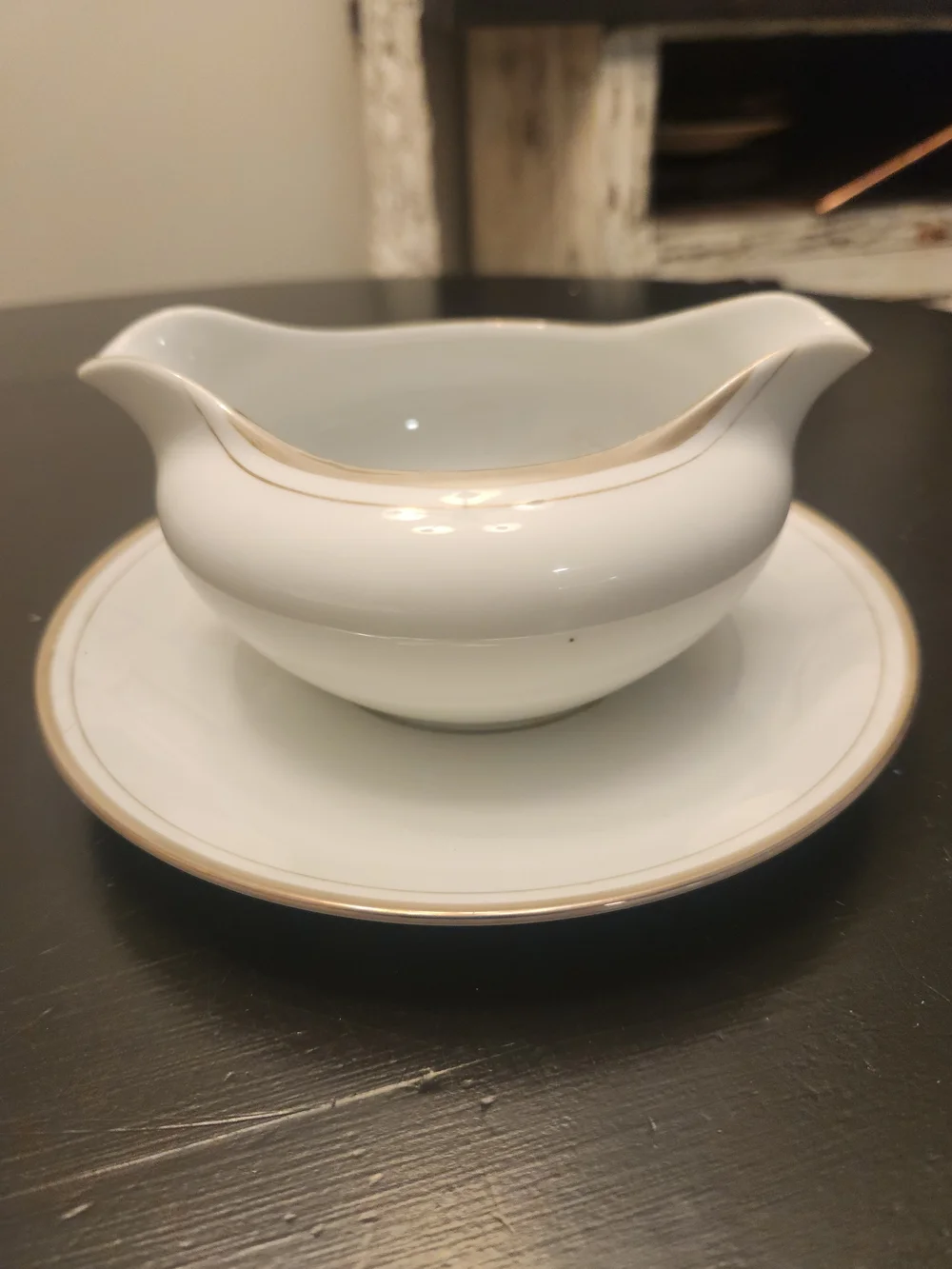 White Porcelain Gravy Boat with Saucer and Gold Trim